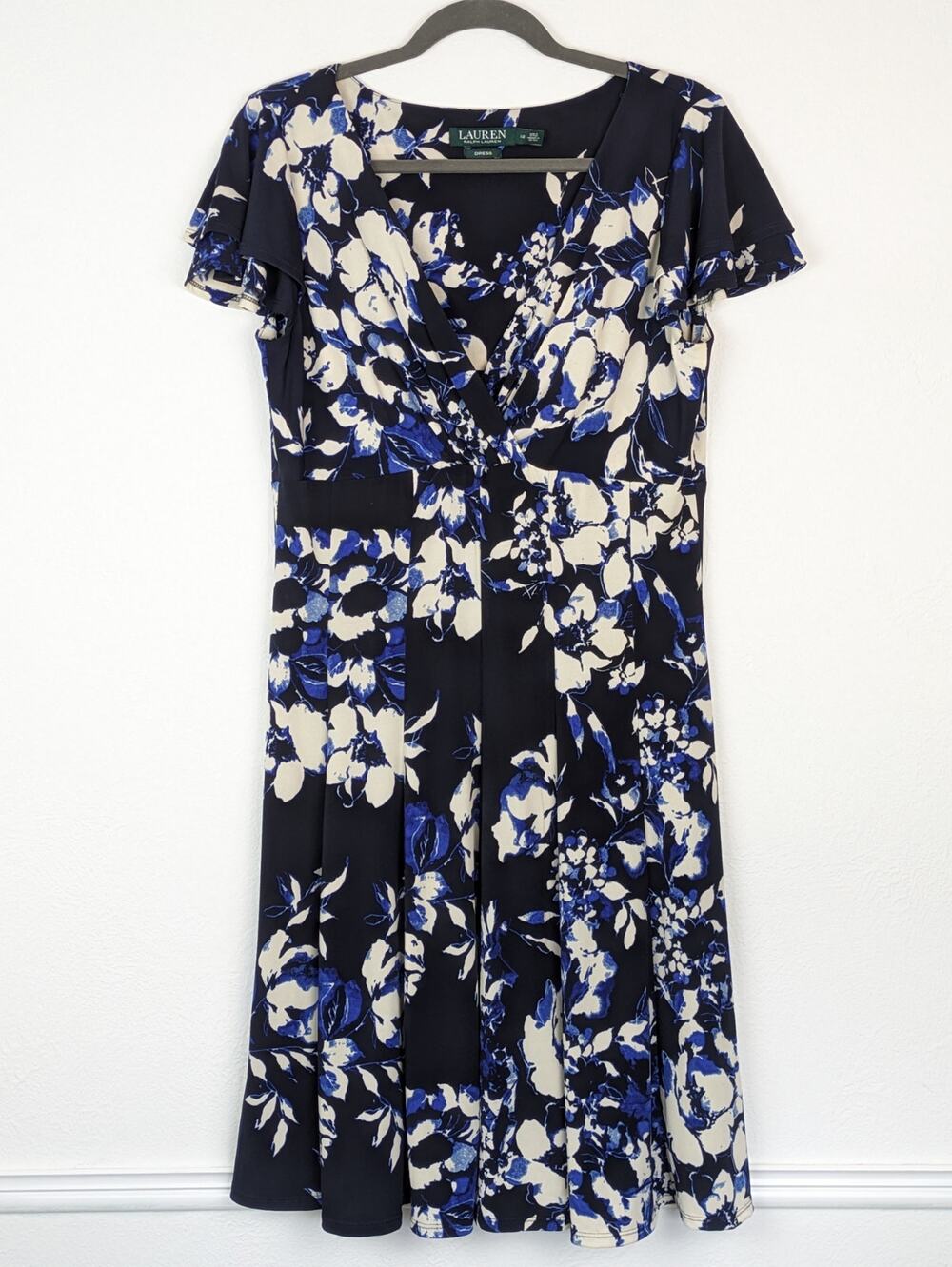 Lauren Ralph Lauren Dress Floral Pleated Flutter Cottagecore Black Blue Size 12